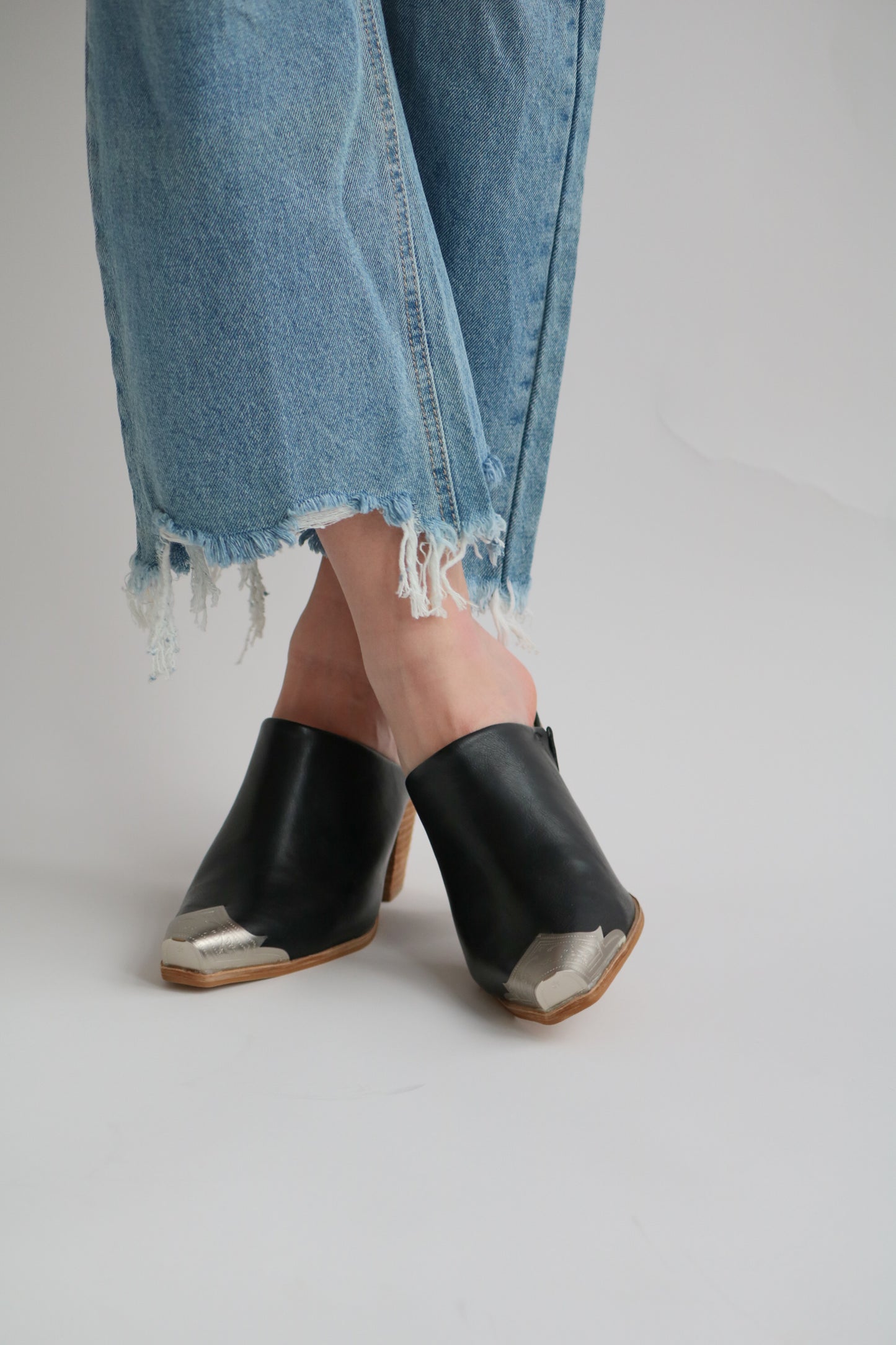 Black Metal Toe Mules