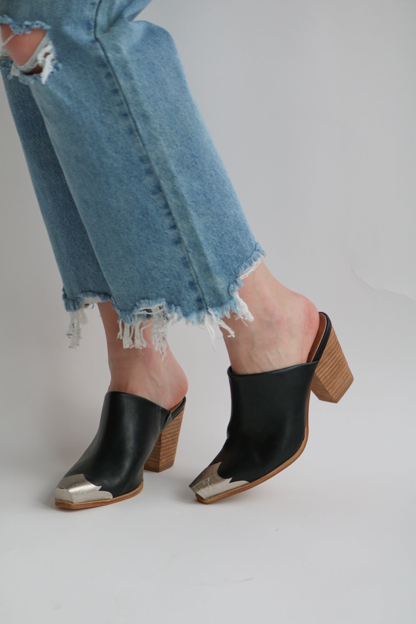 Black Metal Toe Mules