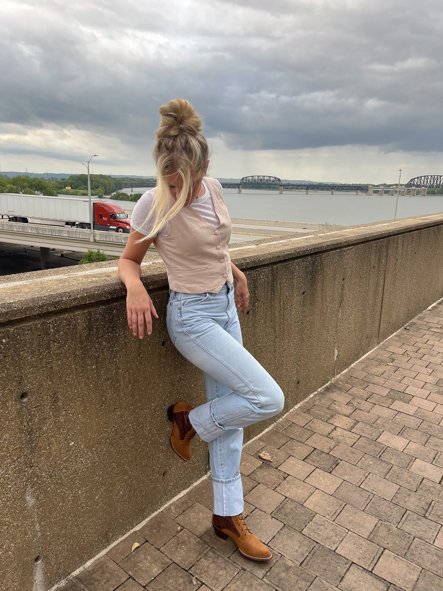 Beige Linen Button Vest
