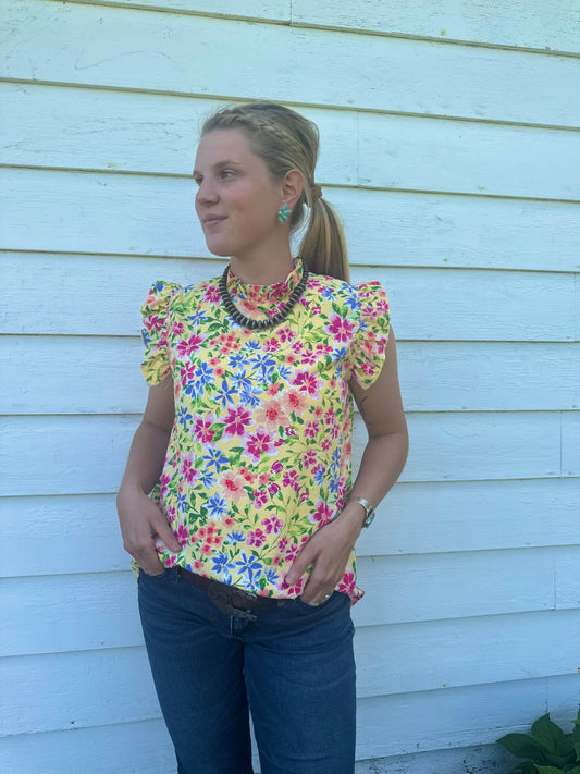 Yellow Capped Floral Blouse