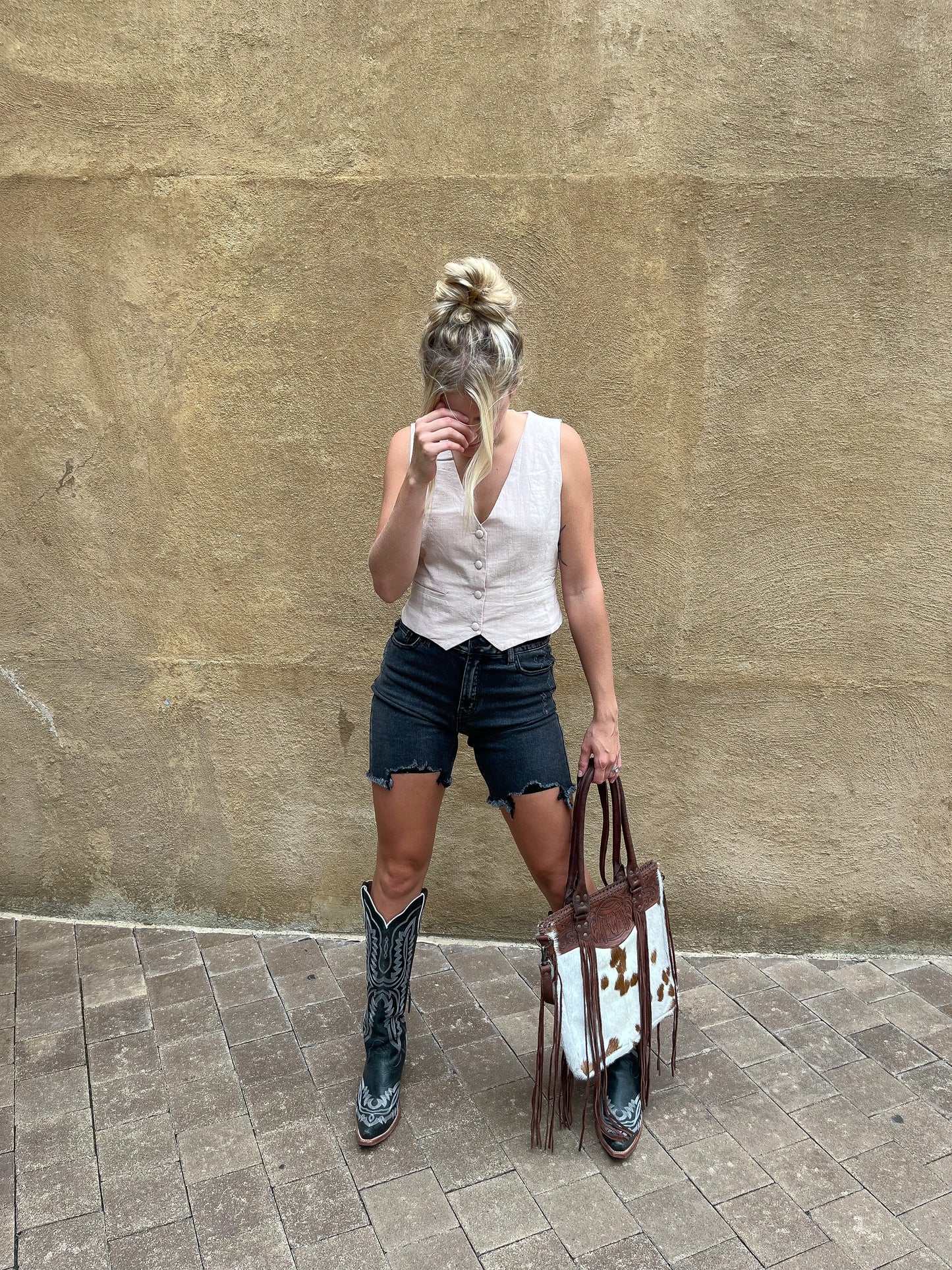 Beige Linen Button Vest