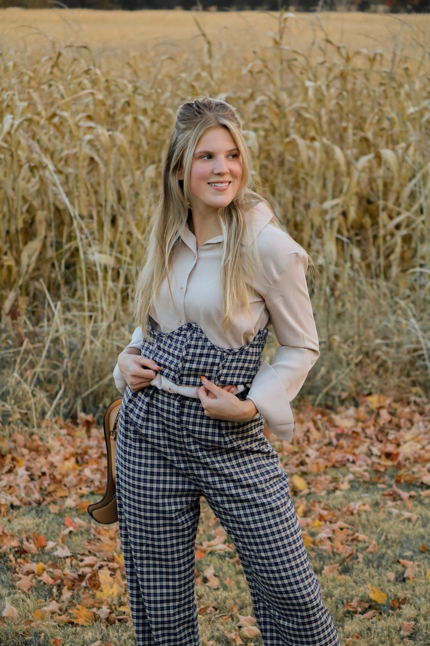 Navy Blue Checkered Corset Top