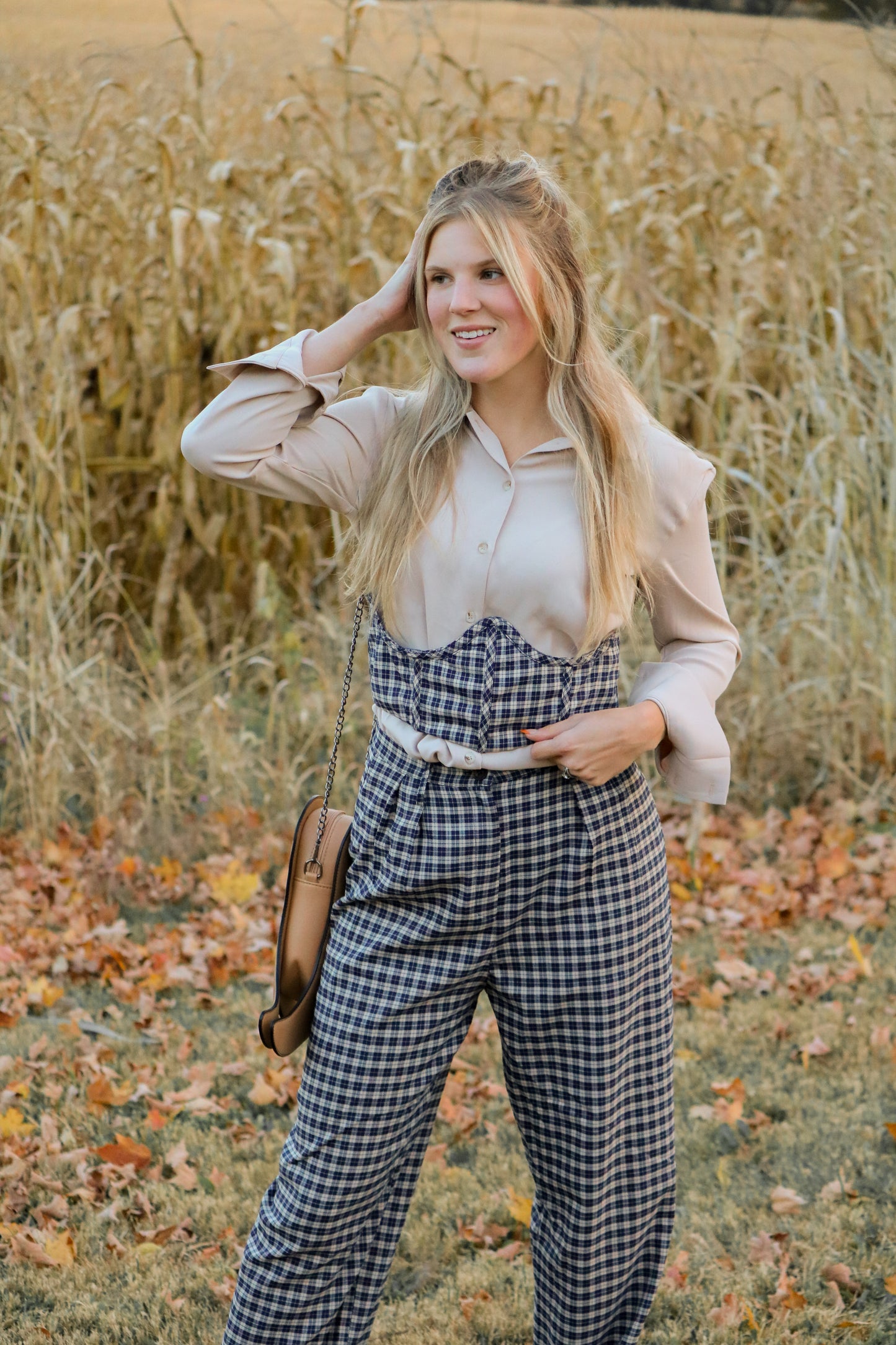 Navy Blue Checkered Corset Top