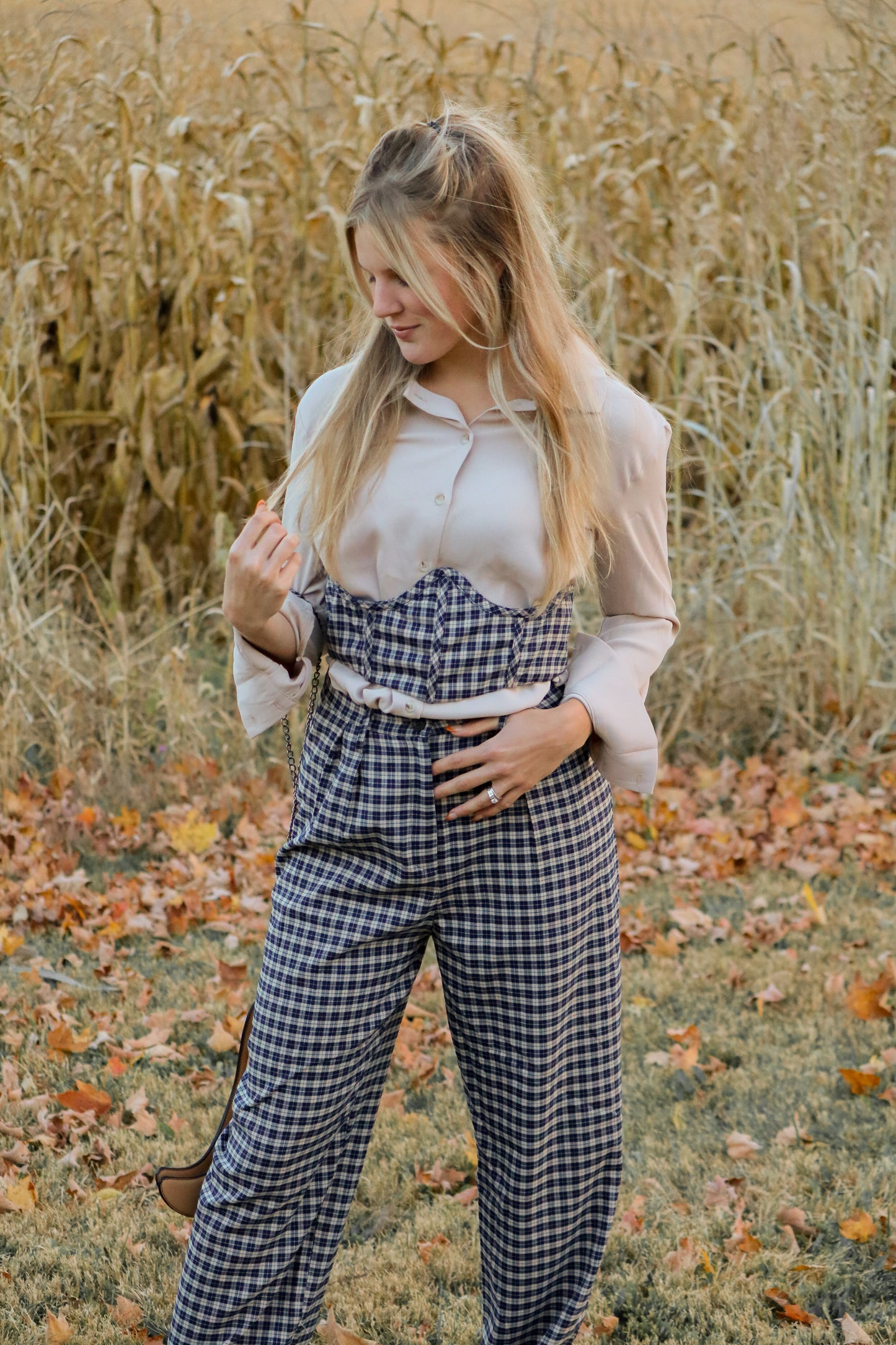 Navy Blue Checkered Corset Top