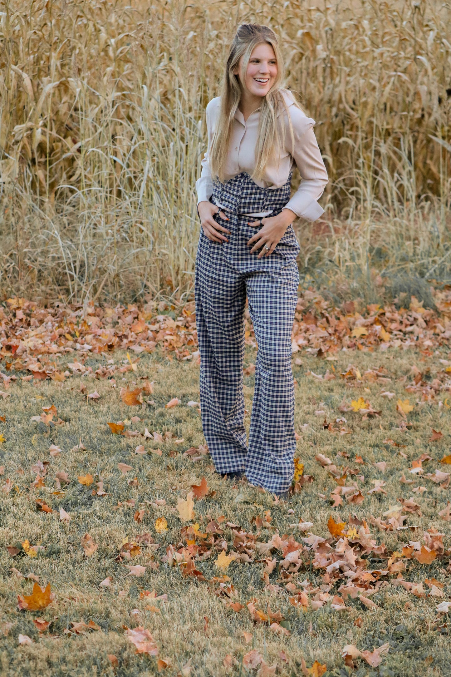 Navy Blue Checkered Corset Top