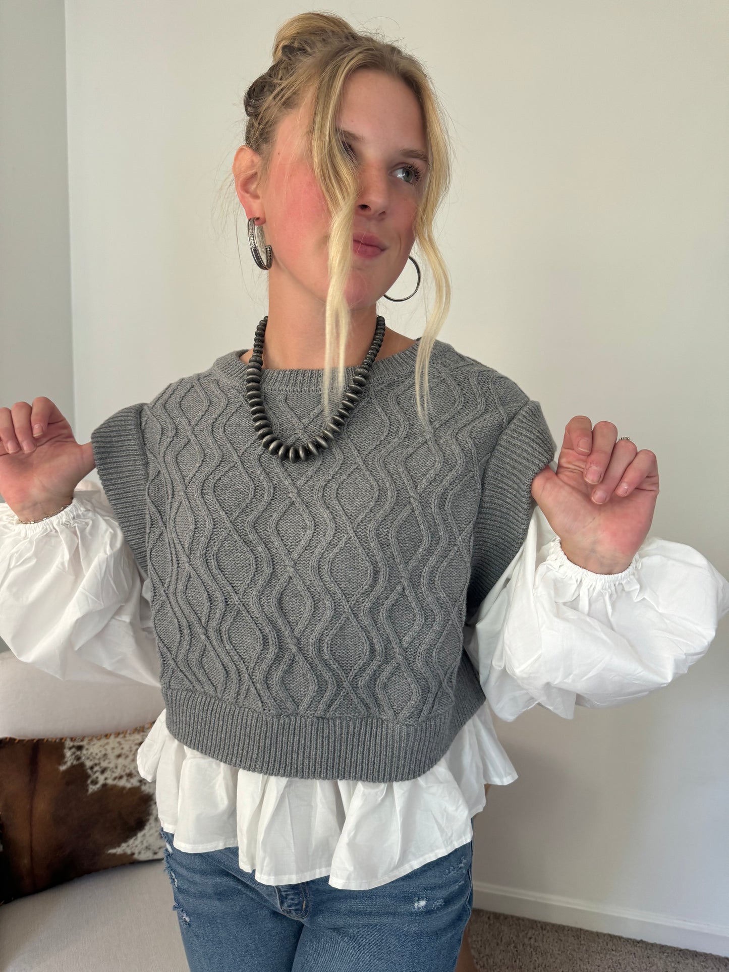 Gray Sweater Balloon Blouse