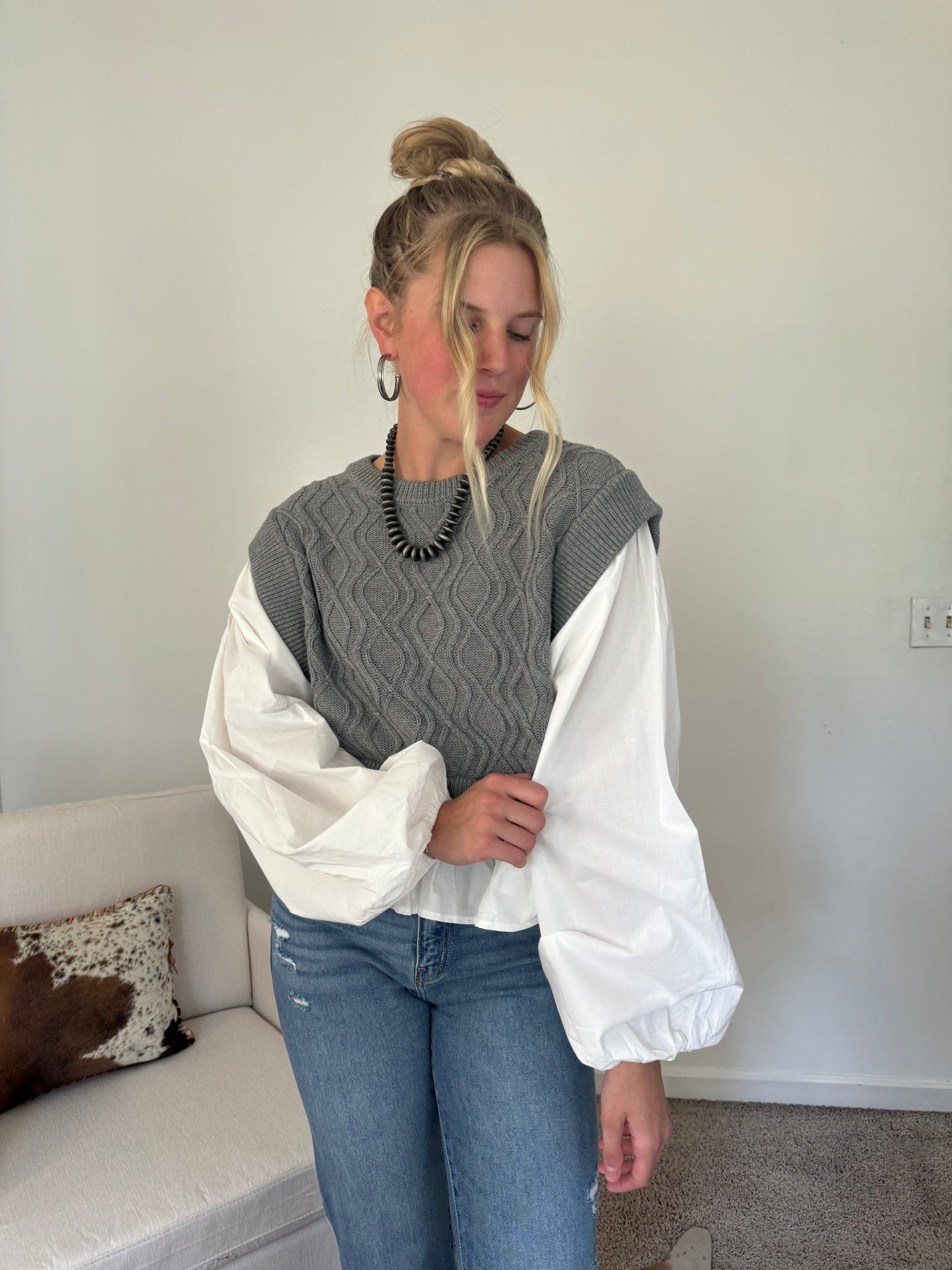 Gray Sweater Balloon Blouse