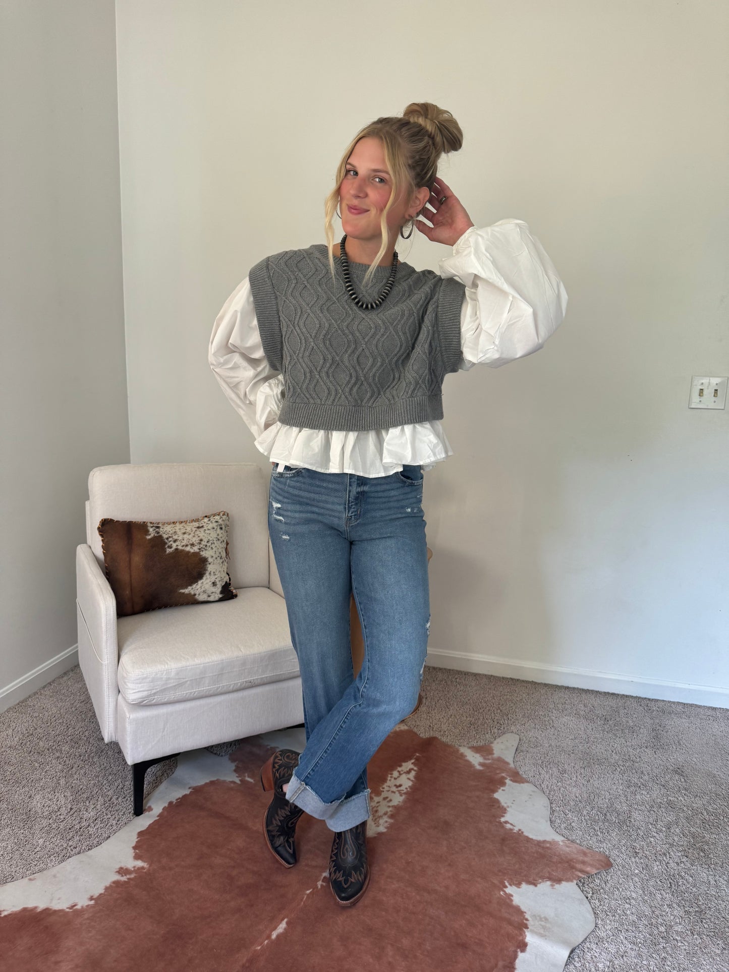 Gray Sweater Balloon Blouse