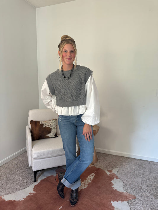 Gray Sweater Balloon Blouse