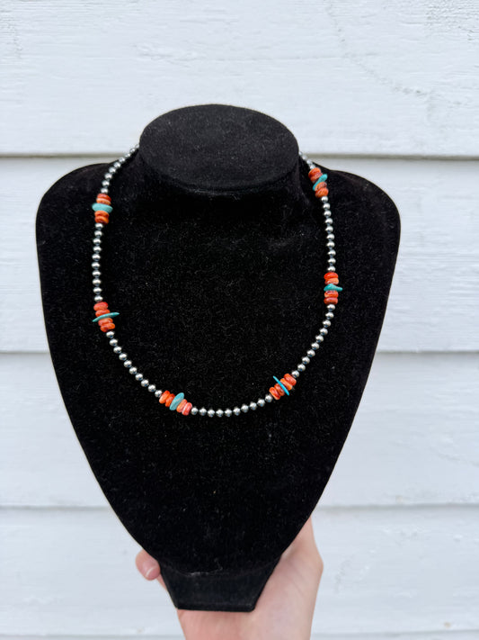Orange Spiny Oyster & Turquoise Necklace – 14.5”