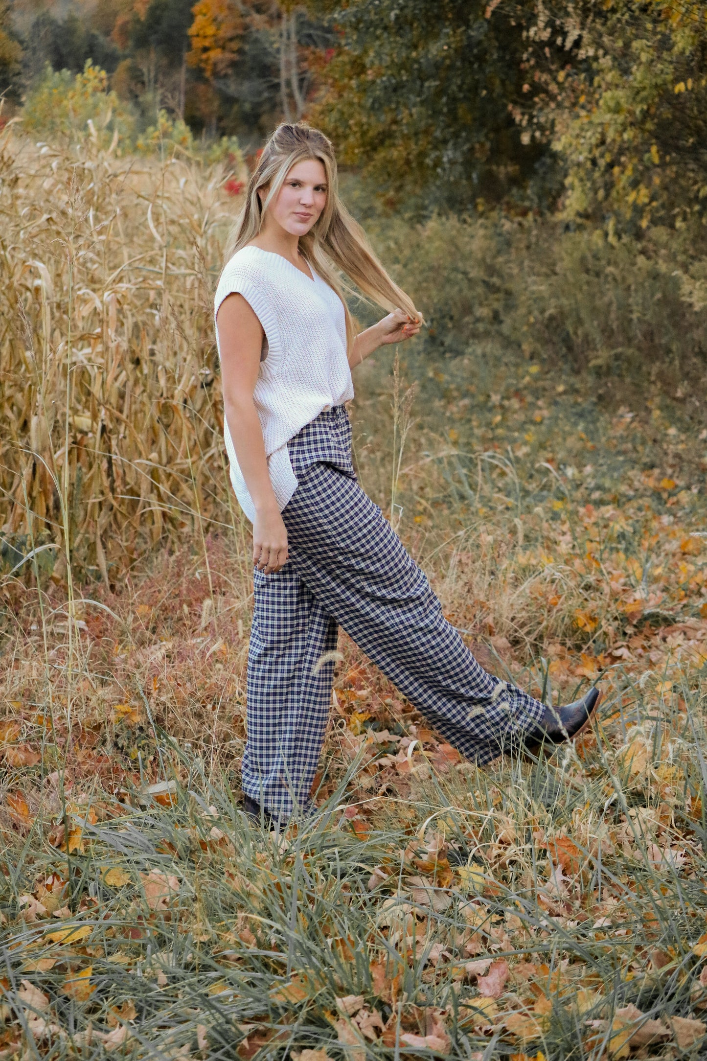 Navy Blue Checkered Trouser Pants