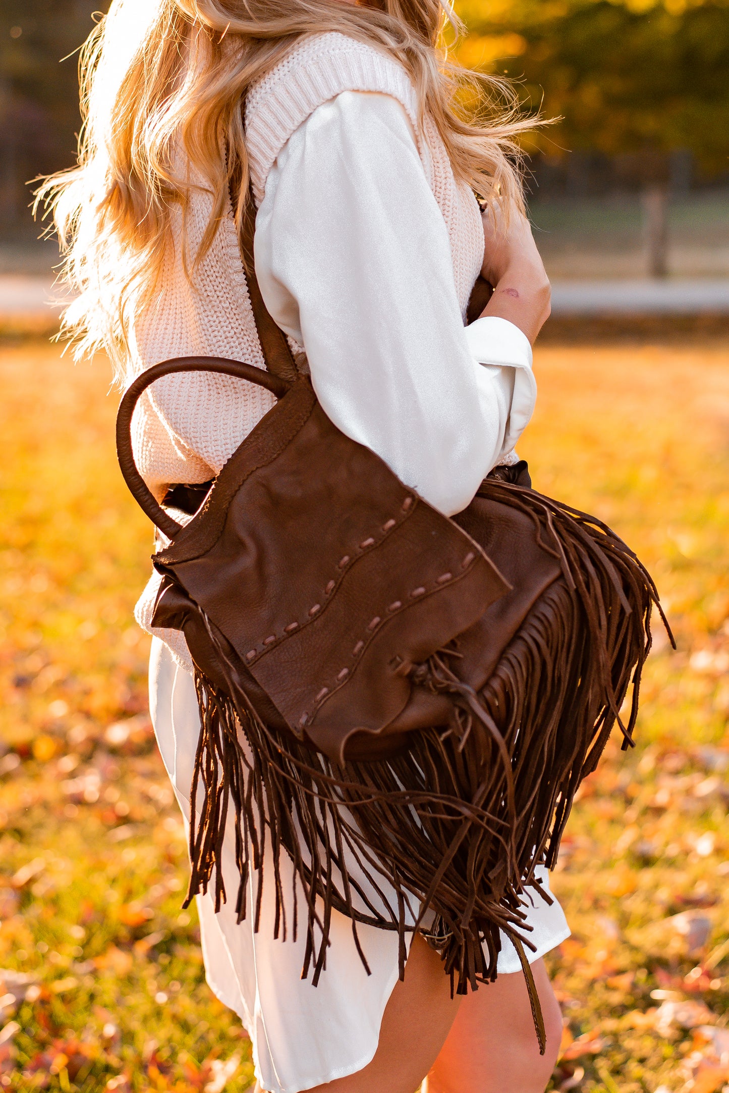 Brown Leather Fringe Backpack